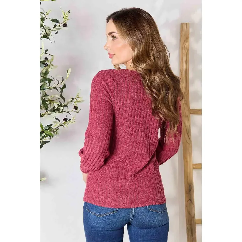 Double Take Ribbed Round Neck Lantern Sleeve Blouse - Picture 4 of 15